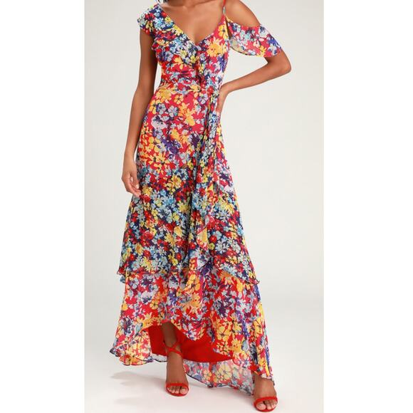 Lulus Ruby Red Floral Print Chiffon Maxi Dress XS Wedding Feminine Date Night - Picture 1 of 7